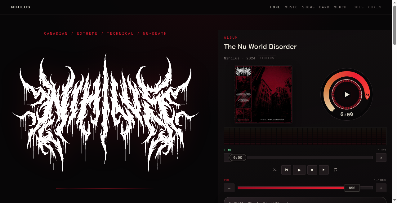 nihilus.ca band site hero and player
